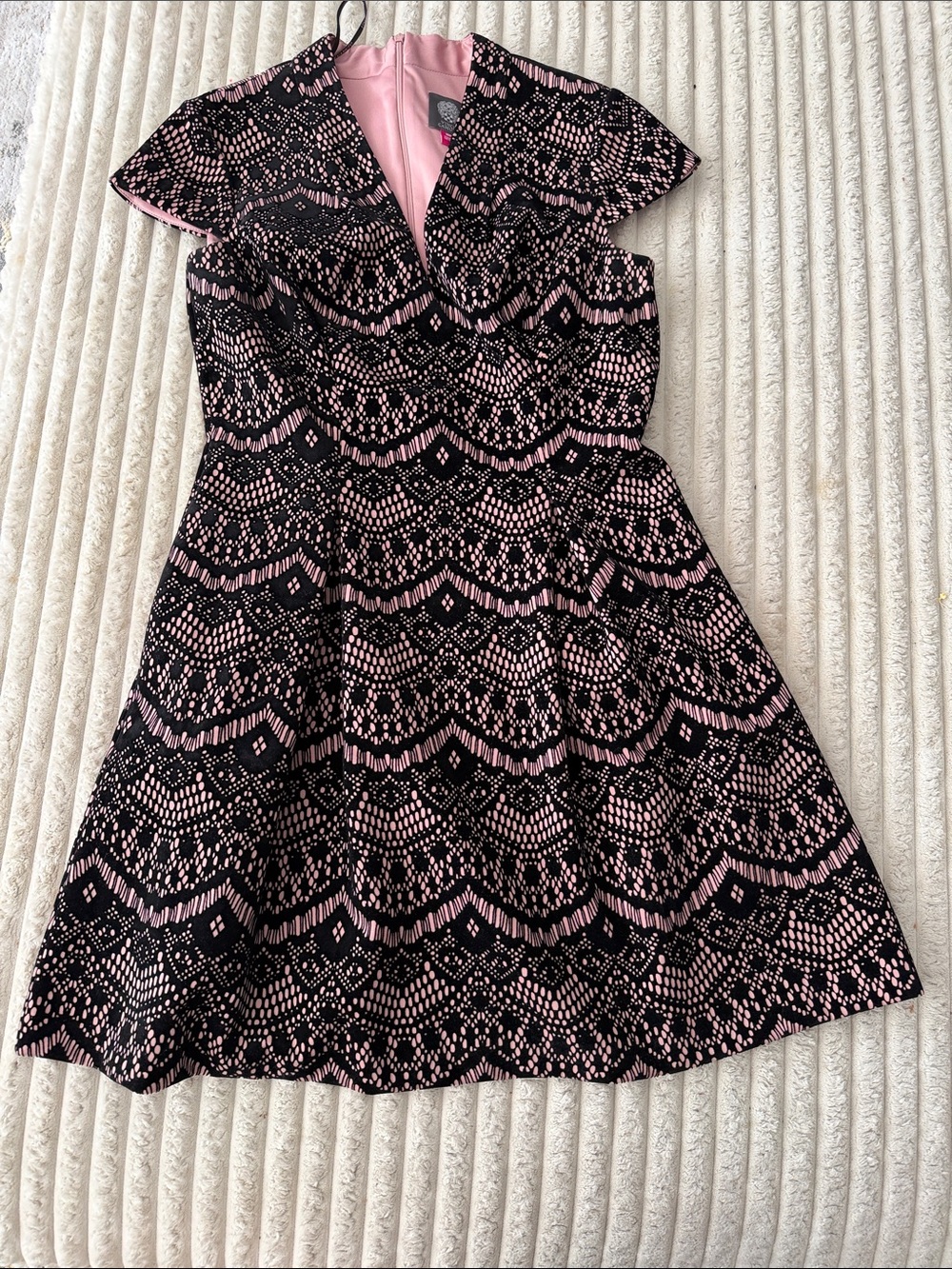 Vince Camuto Pink & Black Lace Overlay Fit-and-Flare Dress